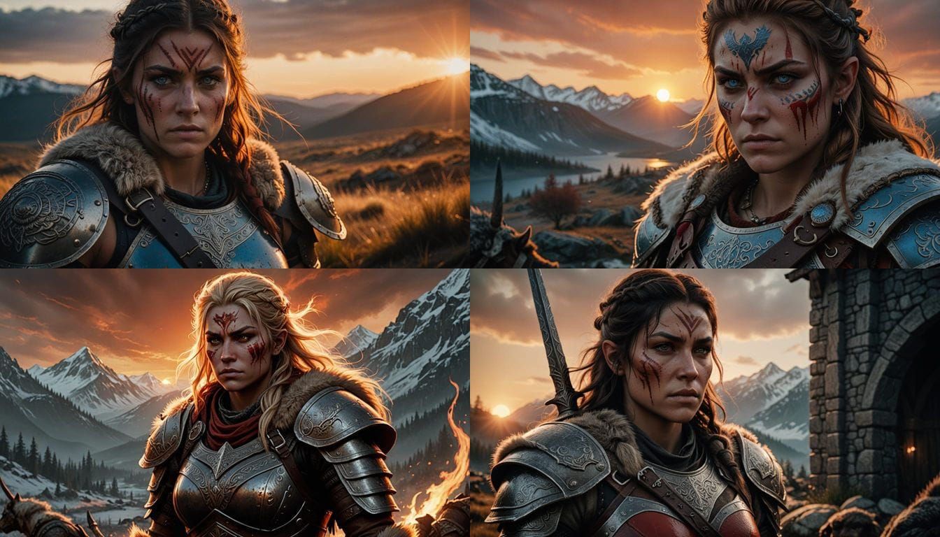 Regal Barbarian Warrior Stands Defiantly Before Fiery Sunset