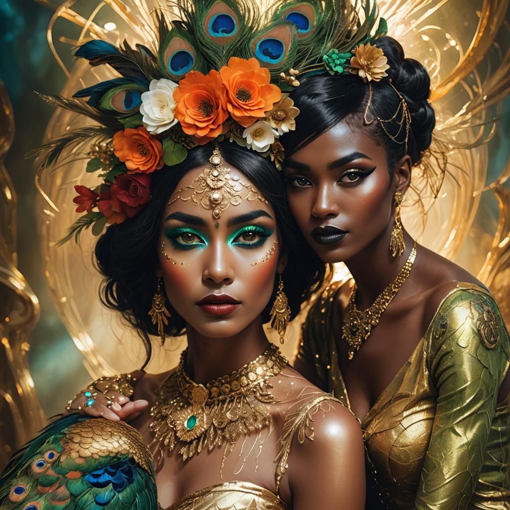 Golden Woman with Peacock Hair, Fantasy Art