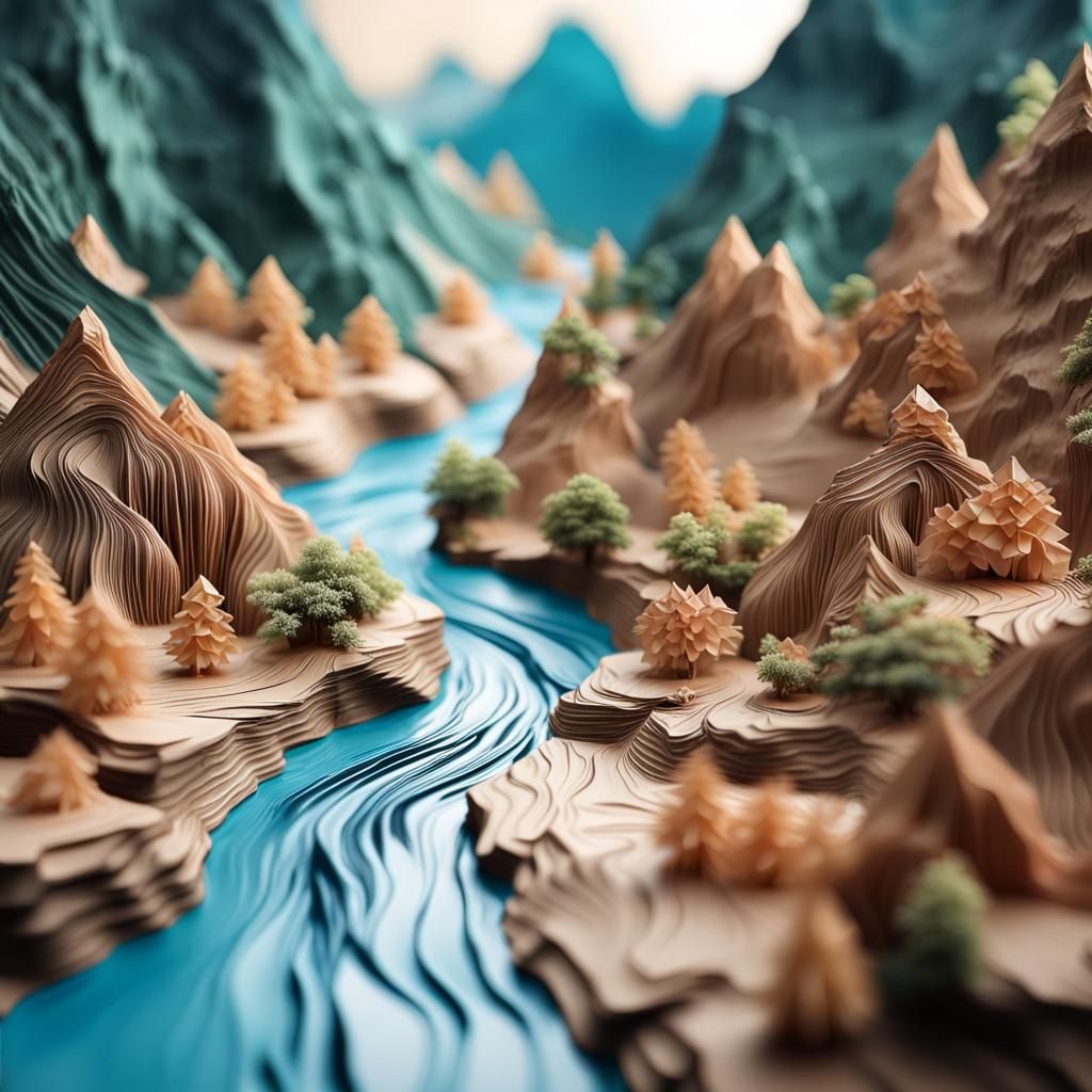 Chinese Mountain River in Origami Papercraft Style