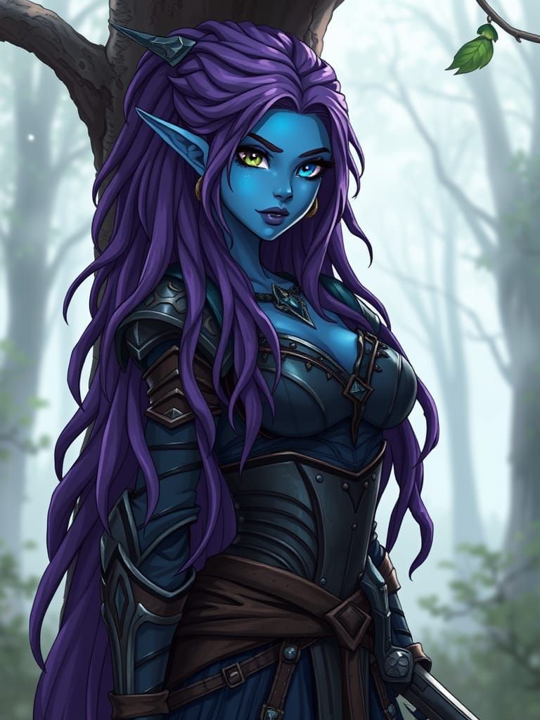 Cyberpunk Anime Elf Assassin Leans Against Tree