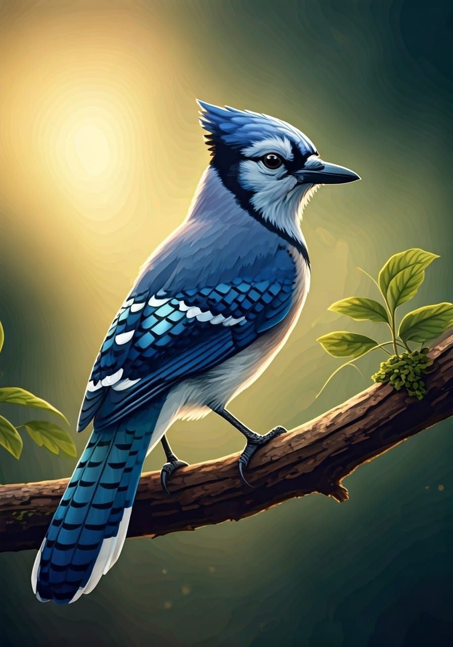 Blue Jay in Lush Foliage with Volumetric Lighting