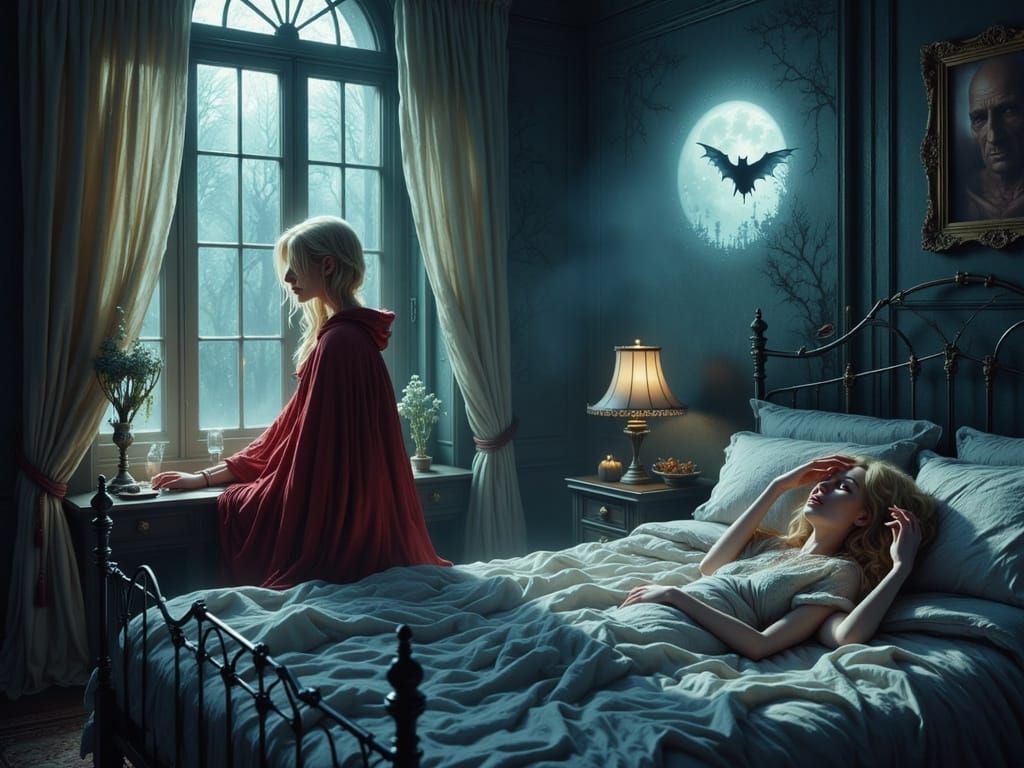 Horror Bat Watches Sleeping Woman in Cozy Bedroom