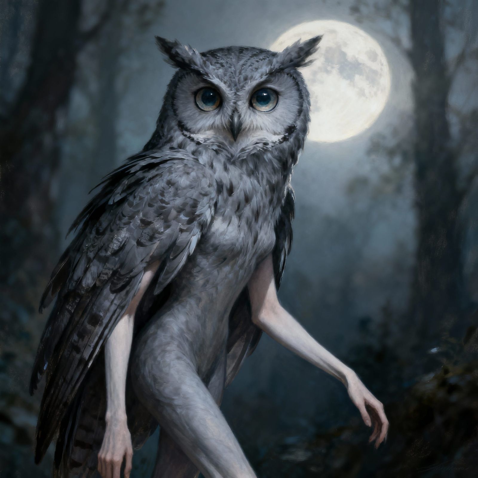 Mythical Owl Woman in Moonlit Forest