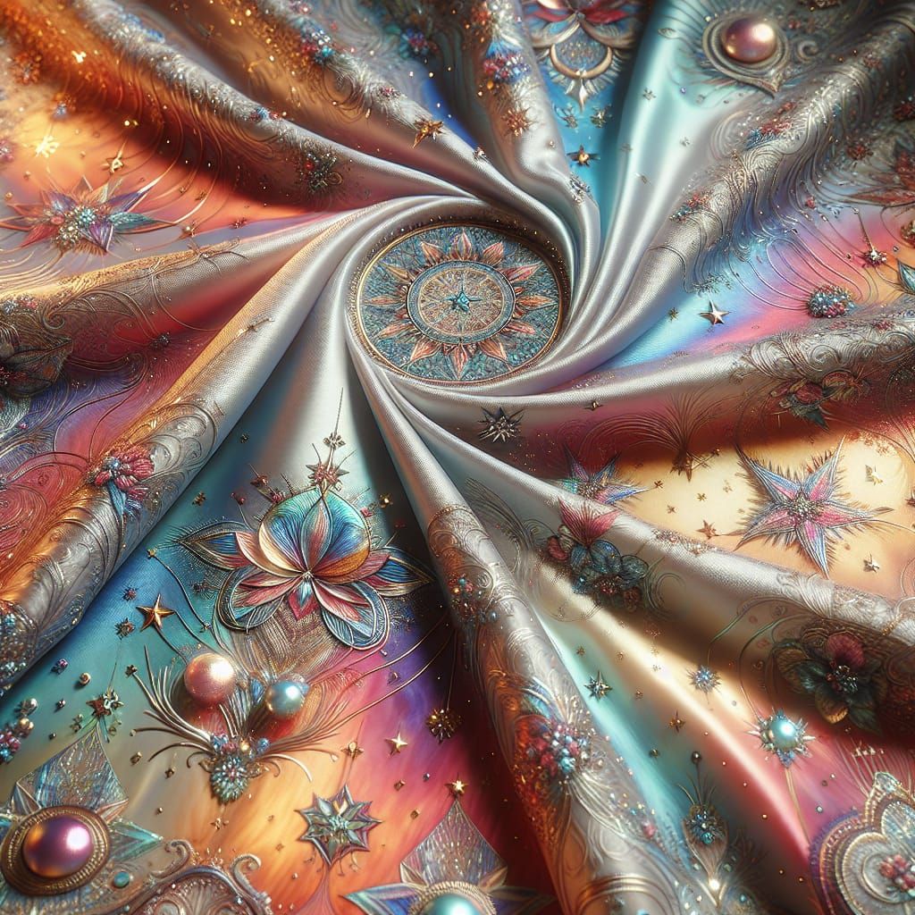 Iridescent Sky Silk Fabric with Star Embroidery