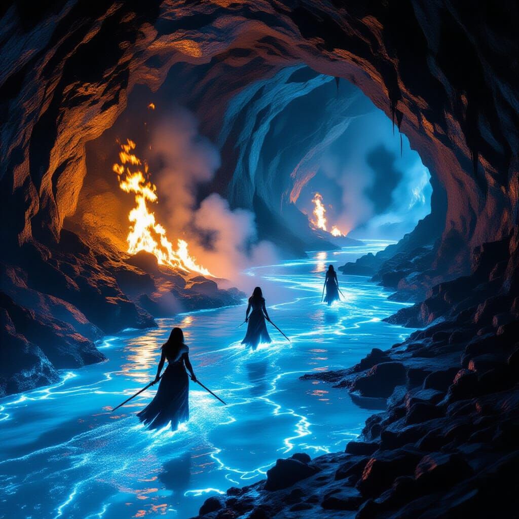 Burning River with Fiery Flames in Cavern