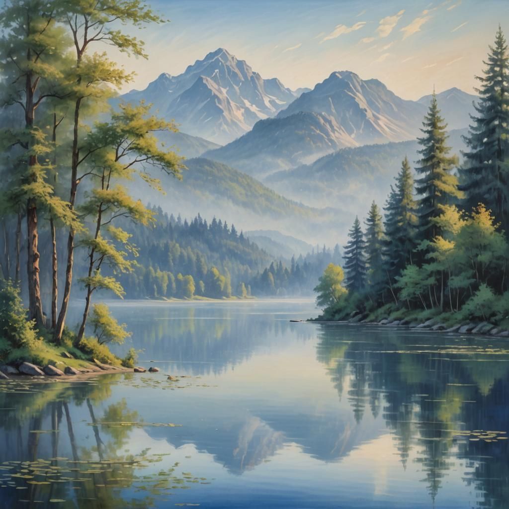 Tranquil Lake and Mountain Landscape in Impressionist Style