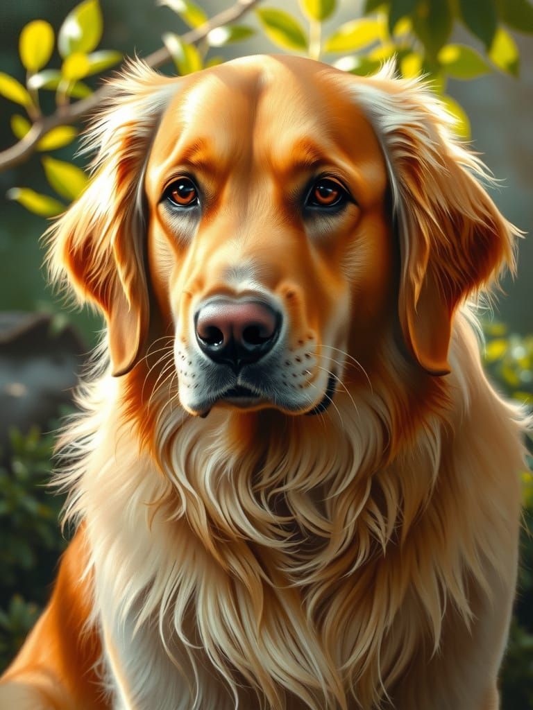Golden Retriever Portrait in Warm Oil Painting