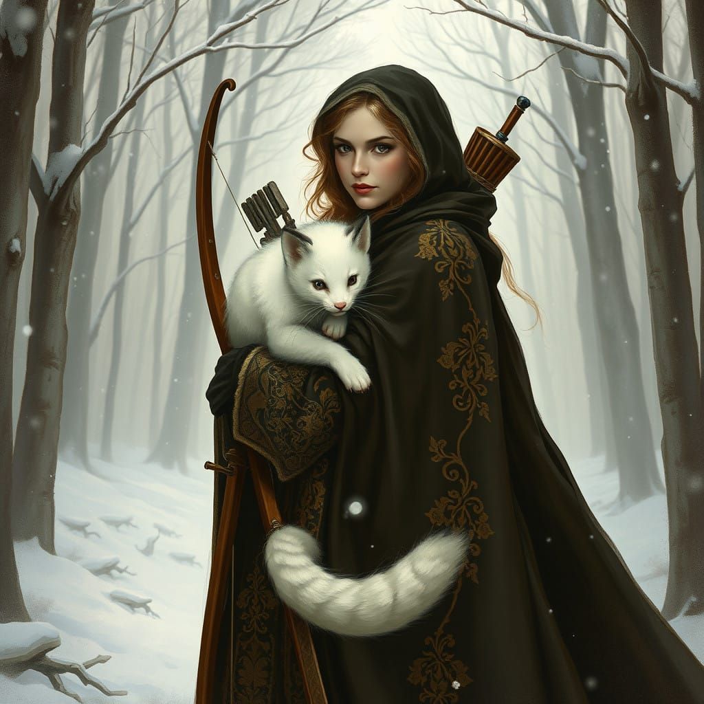 Majestic Woman in Snowy Forest with Bow and Ermine