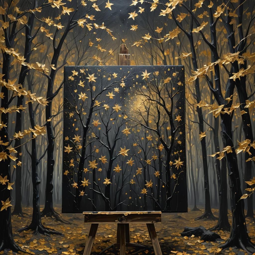 Golden Stars Illuminate Forest in Black and Gold Painting