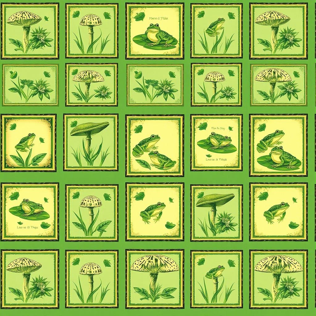 Vintage Frog and Fungi Botanical Grid Design