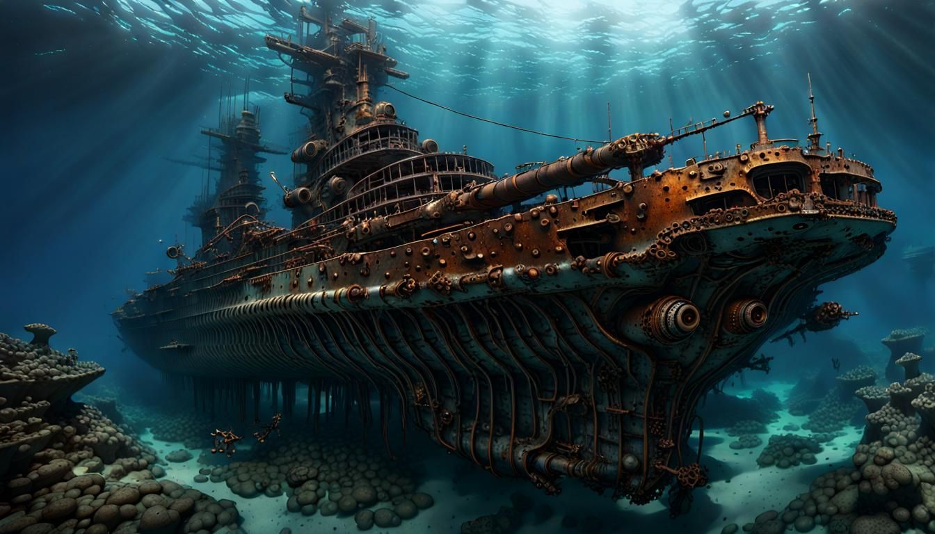 Rusted Battleship Wreck at Ocean Bottom: Dark Fantasy