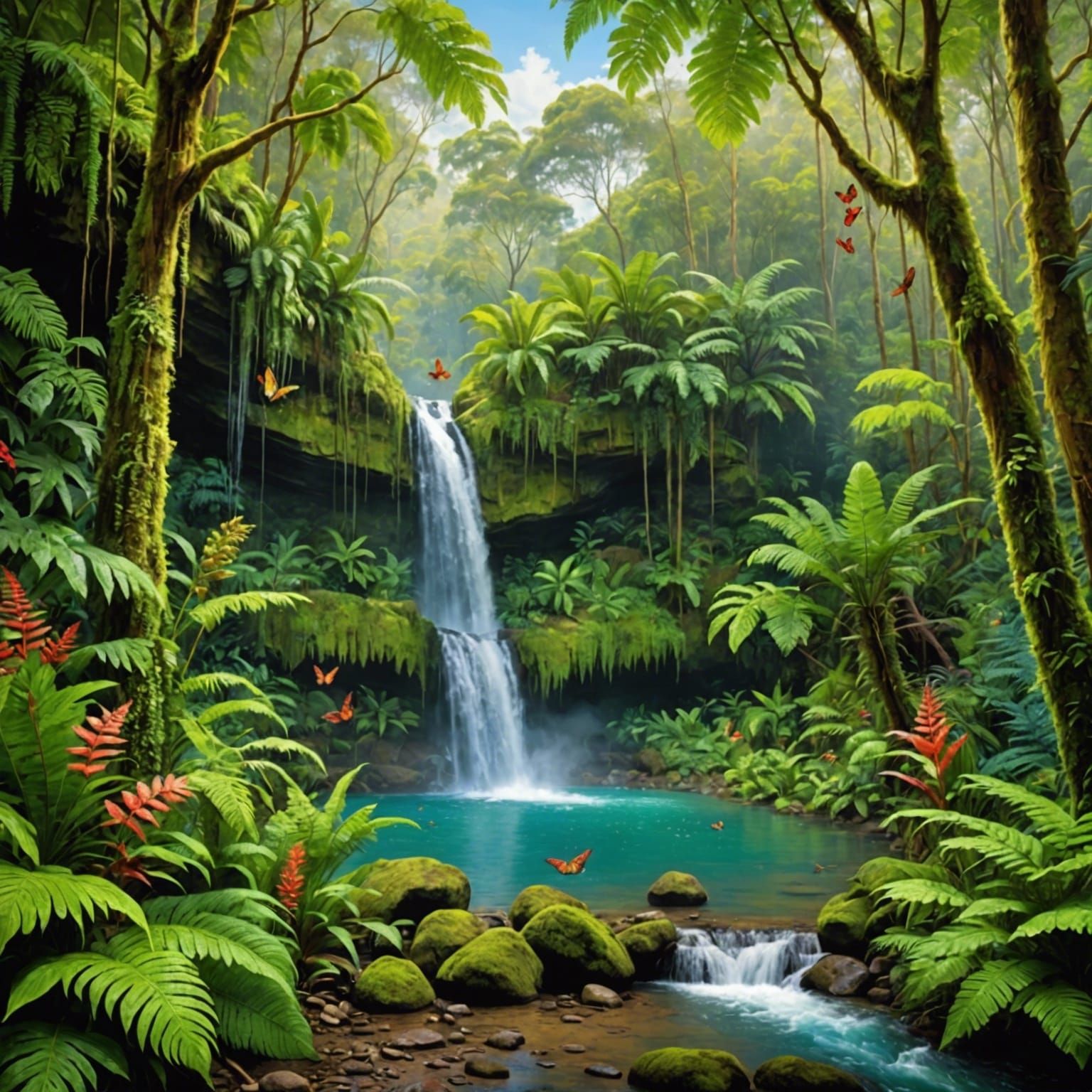 A waterfall in the middle of a lush green forest inhabited b...
