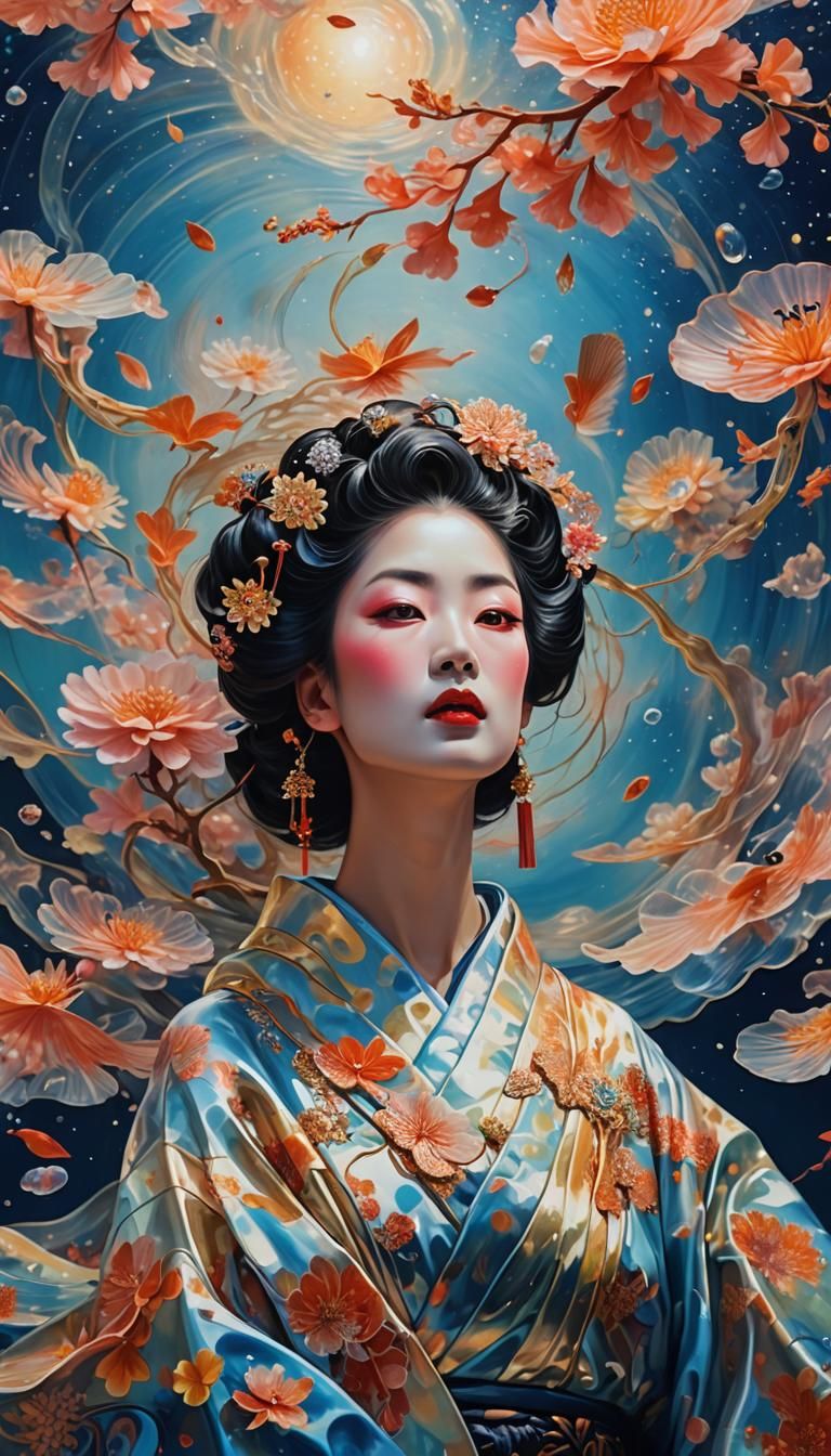 Mystical Geisha in Surreal Twilight Realm as Oil Painting