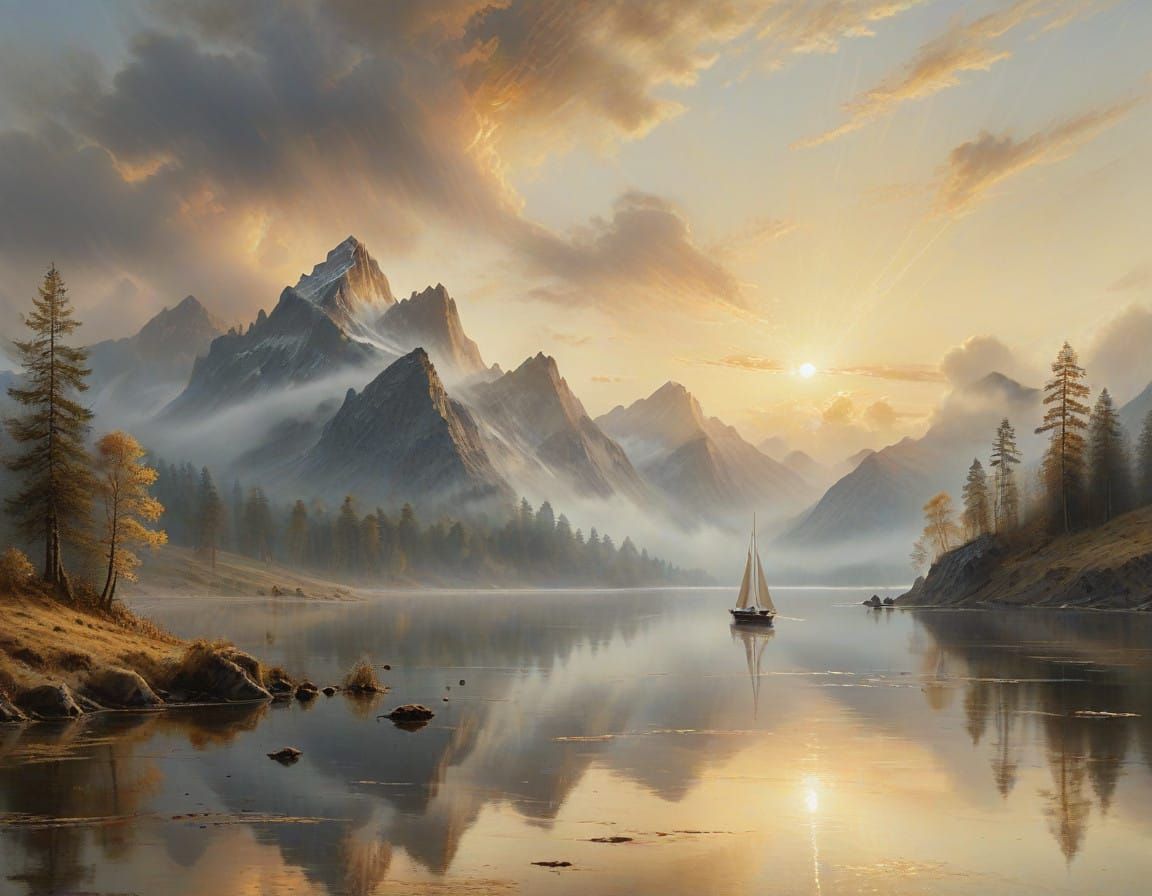 Majestic Mountain Lake Scene in Soft Gouache