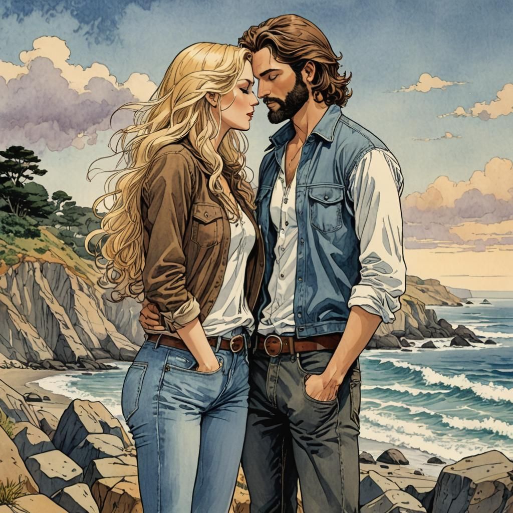 Romantic Kiss on California Coast, Manara Style