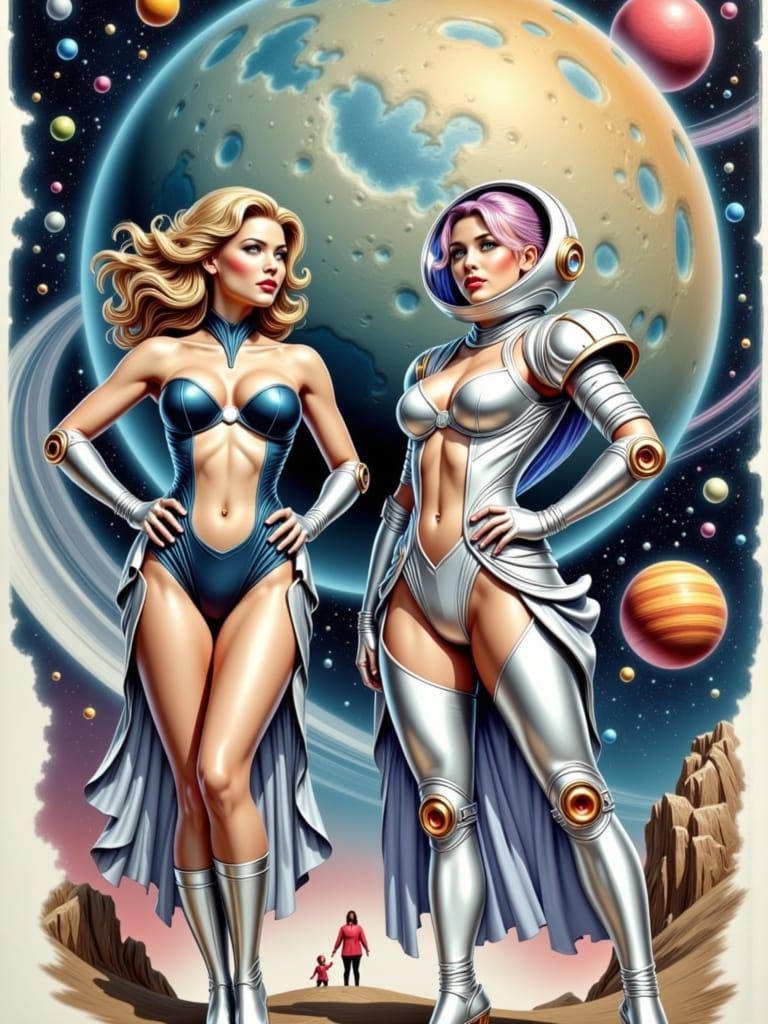 Two Space Women on a Planet, Retrofuturism Poster Art