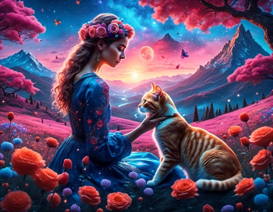 Azeri Woman with Cats Under Starry Sky