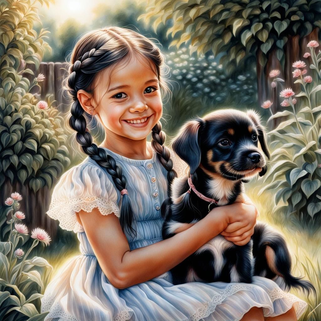 Girl with Puppy in Sunny Garden as Colored Pencil Art