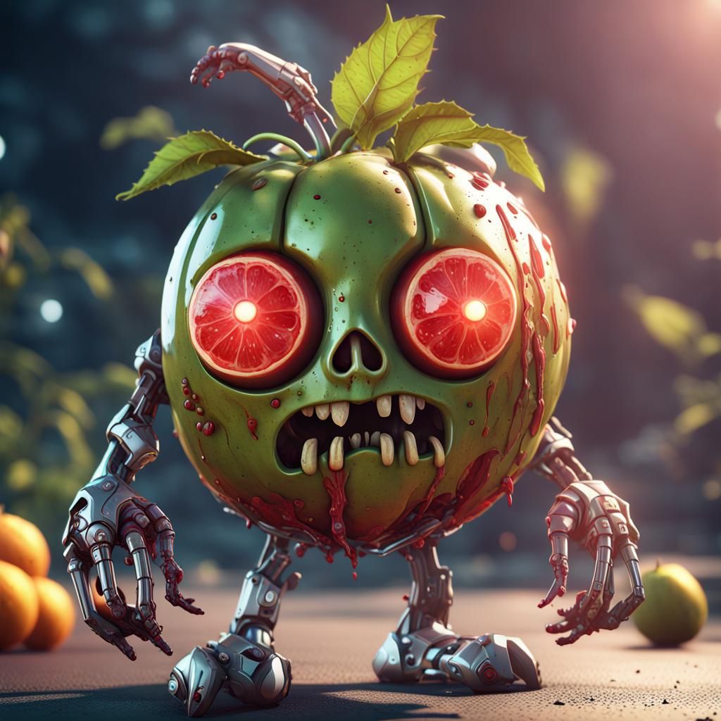 Futuristic Zombie Fruit Character with Mech Details