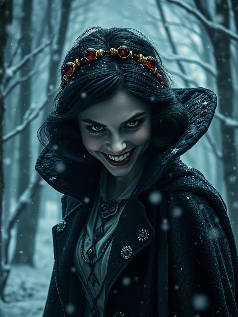 Snow White's Ominous Gaze in Winter Forest