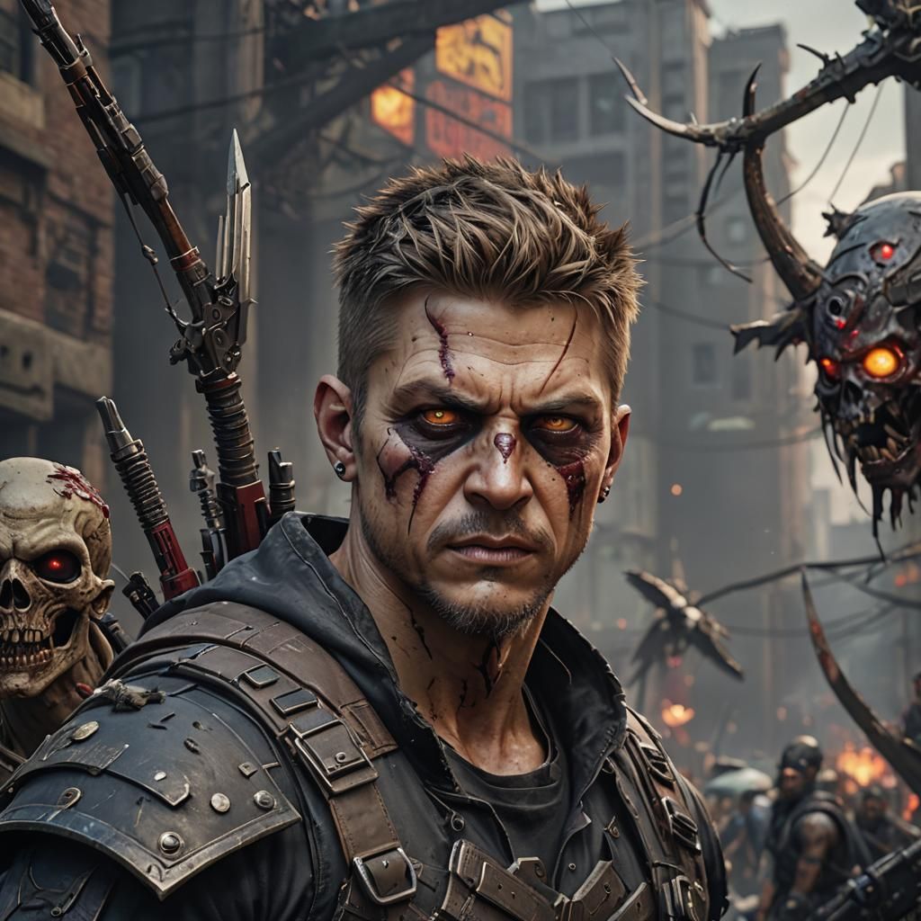 Zombie Hawkeye Portrait in Detailed Matte Painting Style