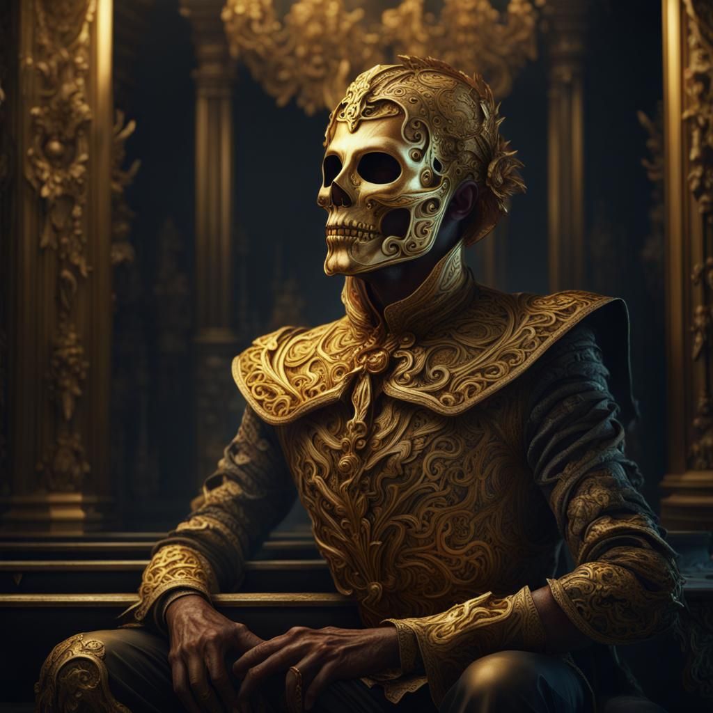 Opera Singer with Golden Mask and Skeleton Audience