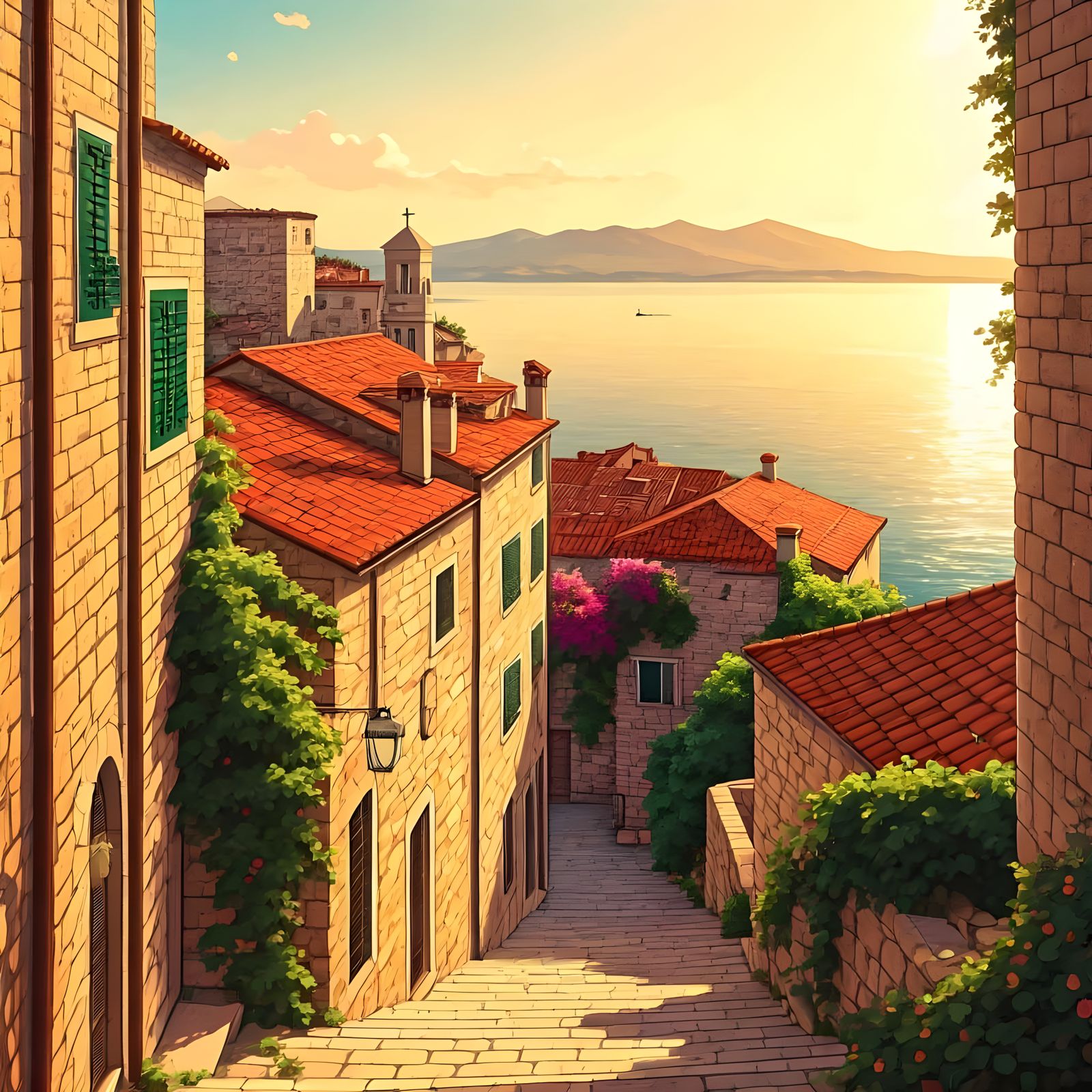 Vrbnik, Croatia, in Warm Watercolour at Sunset