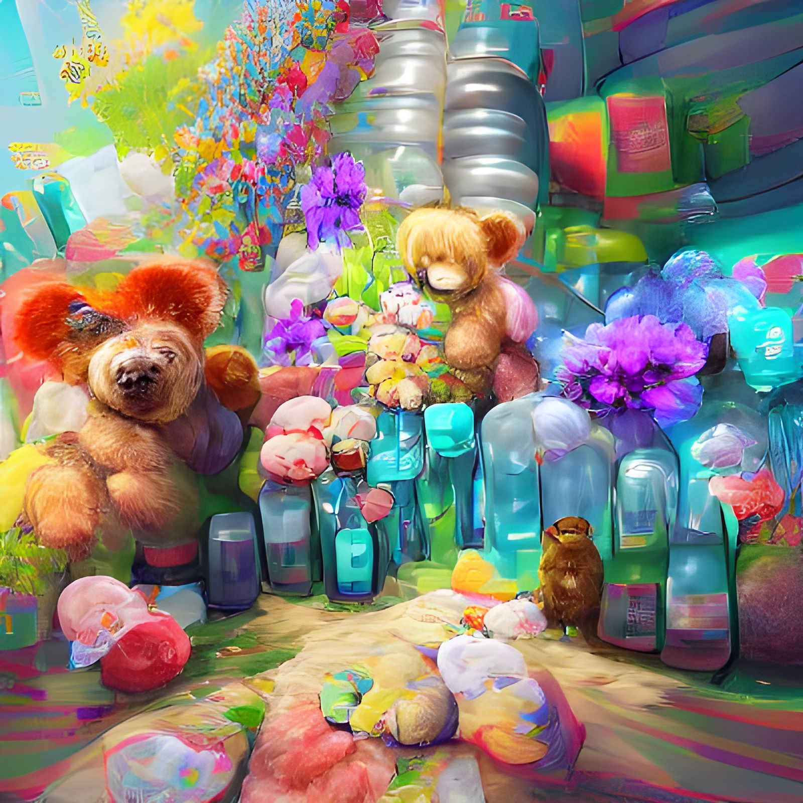 Teddy Bears Roaming in a Magical Flower Garden