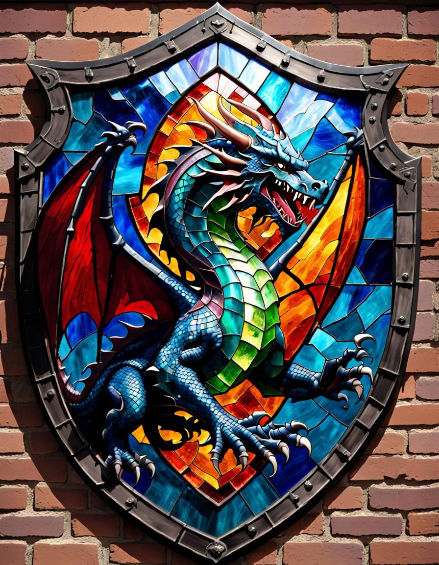 Dragon Battle Shield in Stained Glass Style