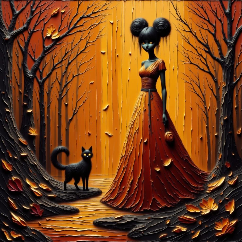 Mysterious Woman in Autumn Forest with Black Cat