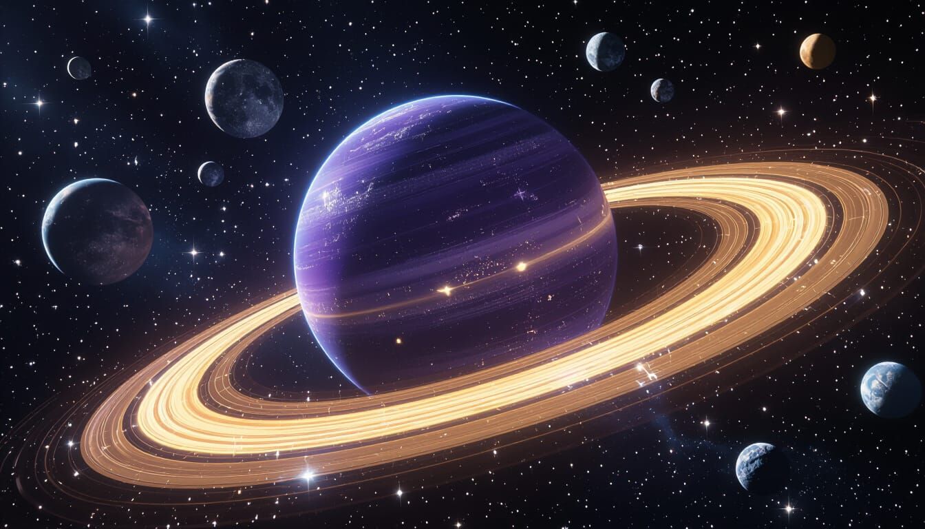 Majestic Purple Planet with Golden Ring in Deep Space