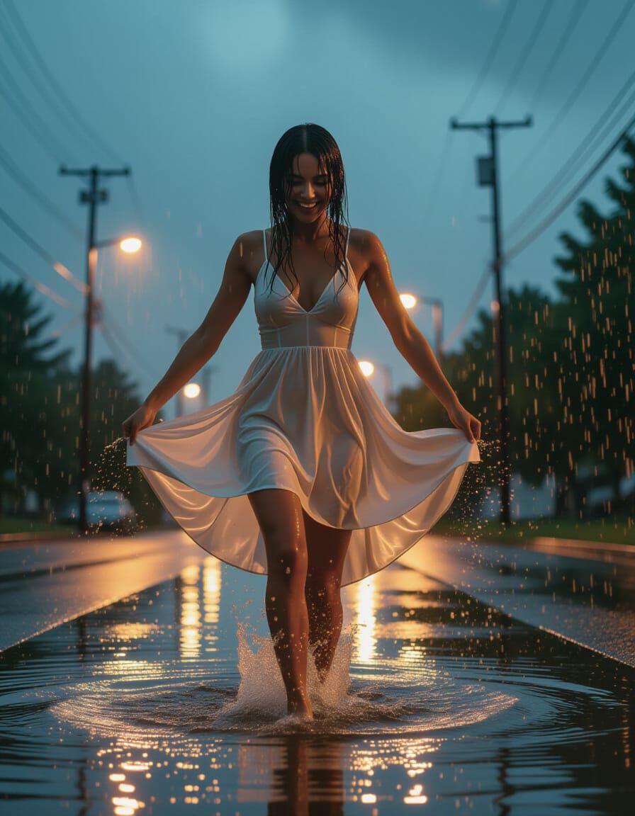 Joyful Woman Dancing in Heavy Rain