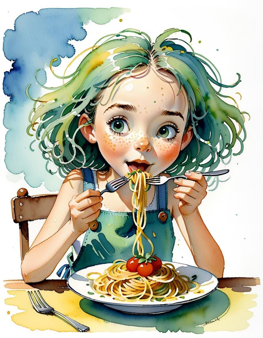 Girl Eating Spaghetti with Two Forks: Storybook Illustration