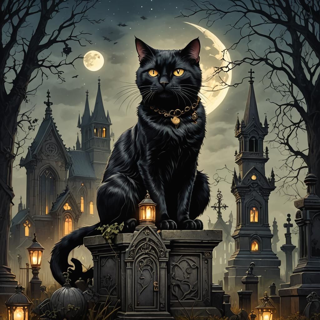 Black Cat in Gothic Cemetery, Art Nouveau Style