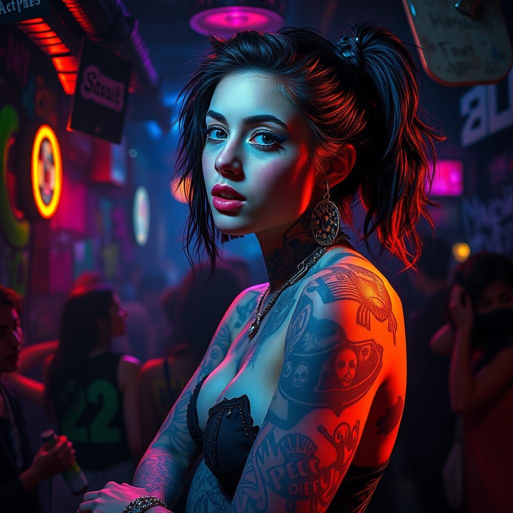 Edgy Tattooed Woman in Punk Club Scene