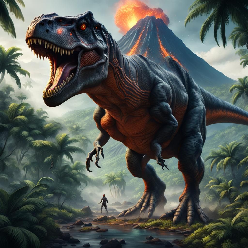 T-Rex in Jungle with Volcano: Fantasy Concept Art