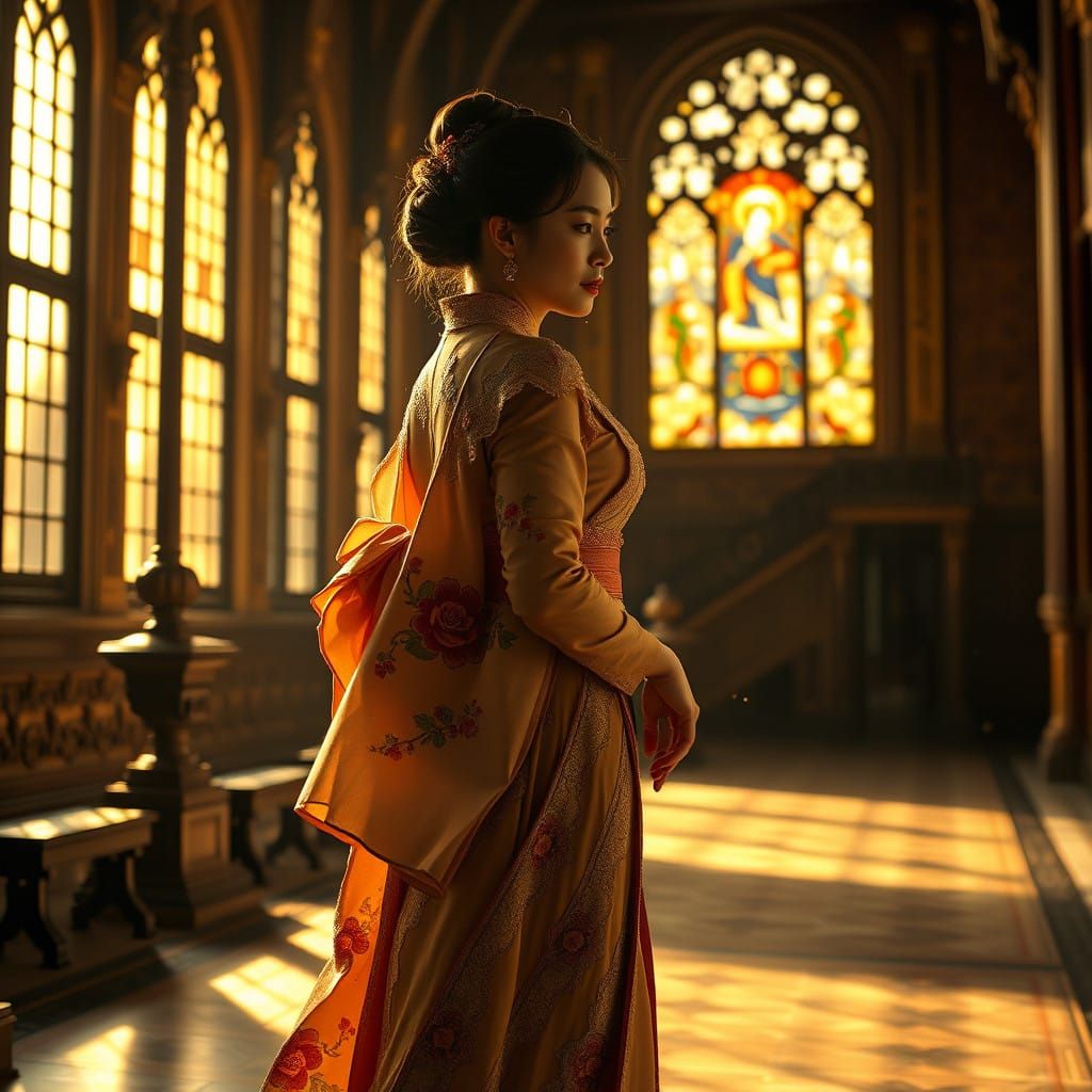 Elegant Japanese Woman in Opulent Castle