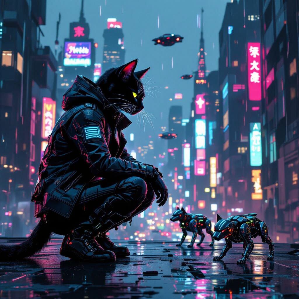Cyberpunk Cat on Rooftop with Neon Streaks