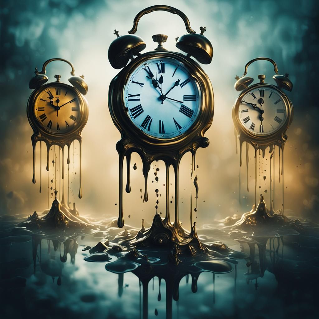 Surreal Melting Clocks in Dreamlike Oil Painting