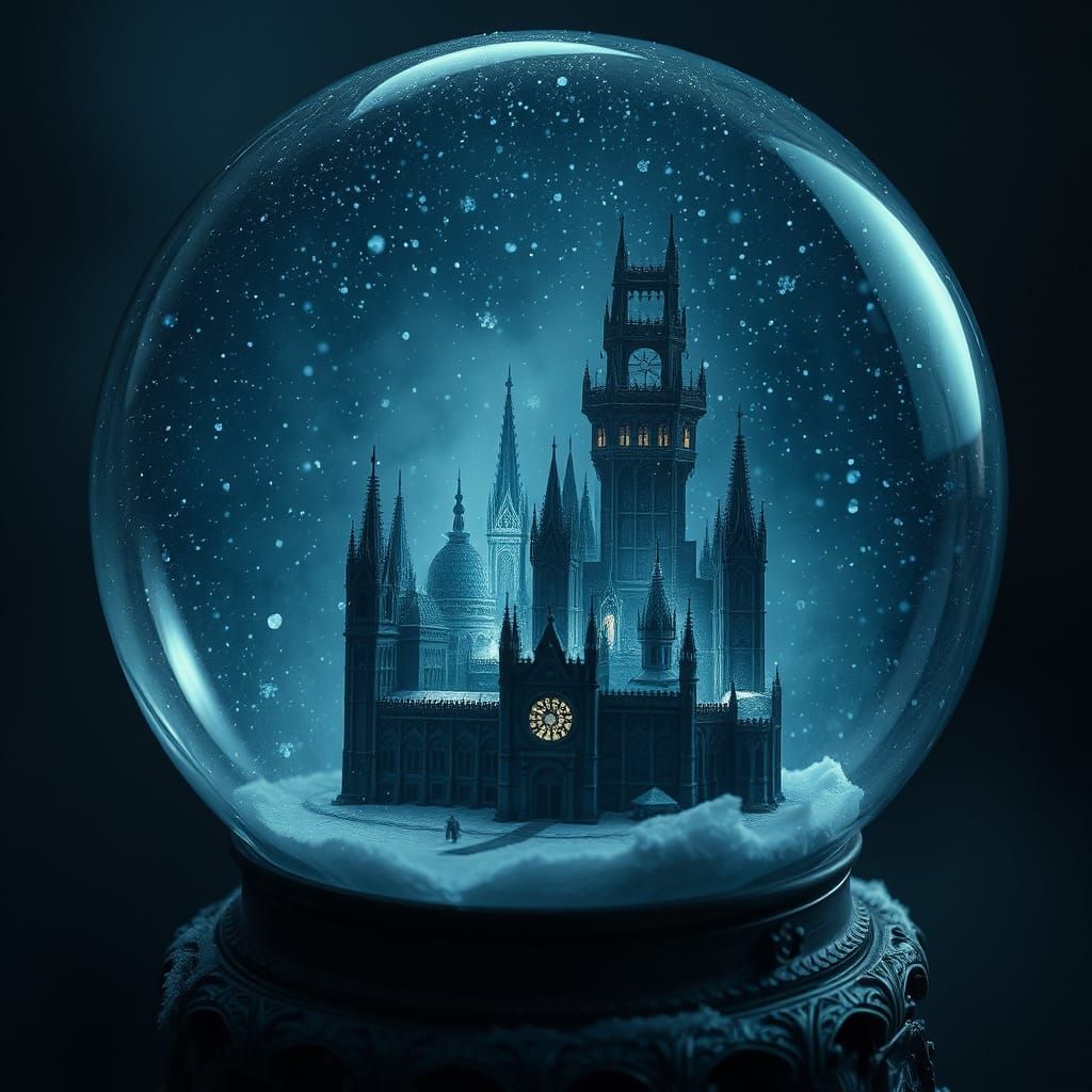 Surreal Dark Crystal City in a Vintage Snow Globe