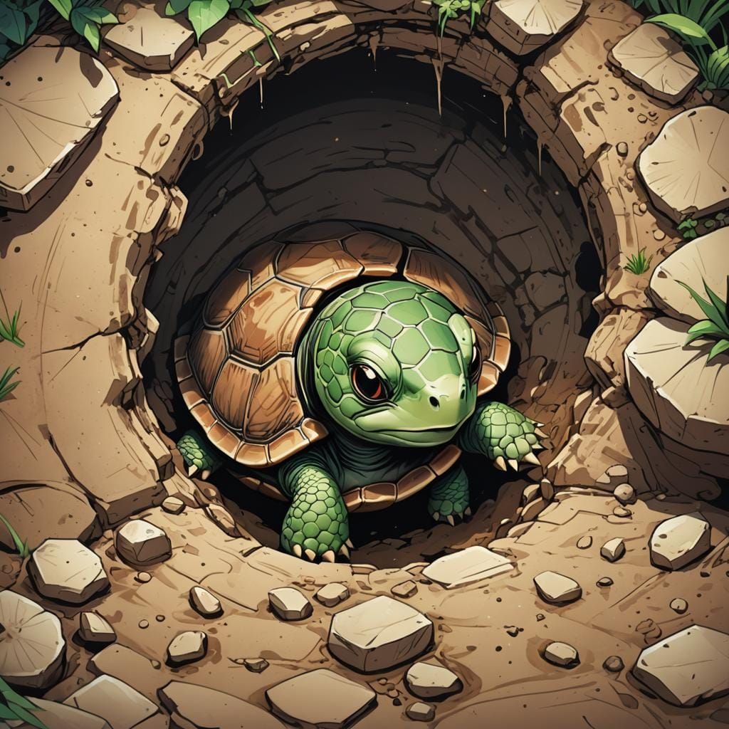 Baby Turtle Stuck: Anime Style Illustration