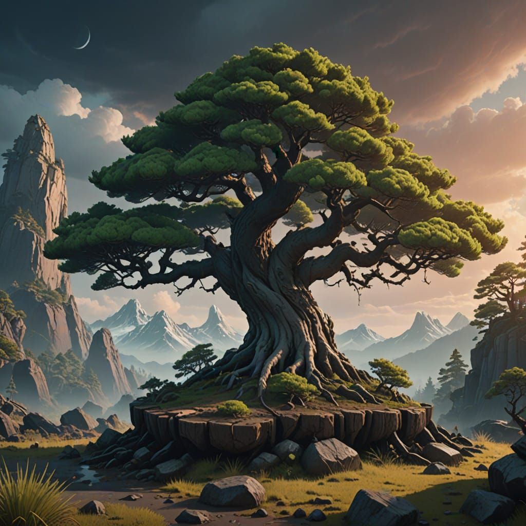 Surreal Juniperus Bonsai in Mystical, Deeply Colored Fantasy...