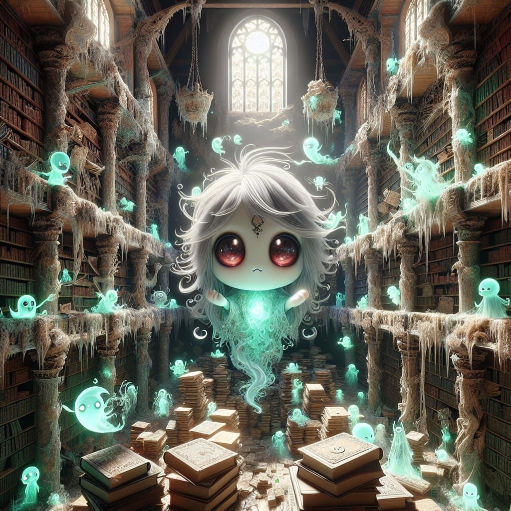 Haunted Library of Ancient Tomes in Chibi Style