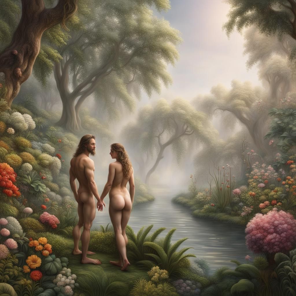 Adam and Eve in Hyperrealistic Garden of Eden