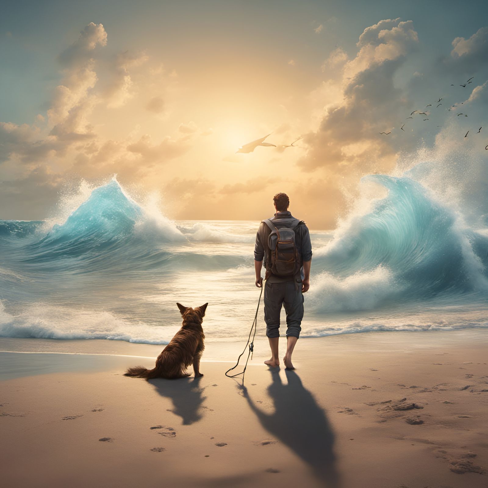 Man and Dog Enjoying Beach in Detailed Painting
