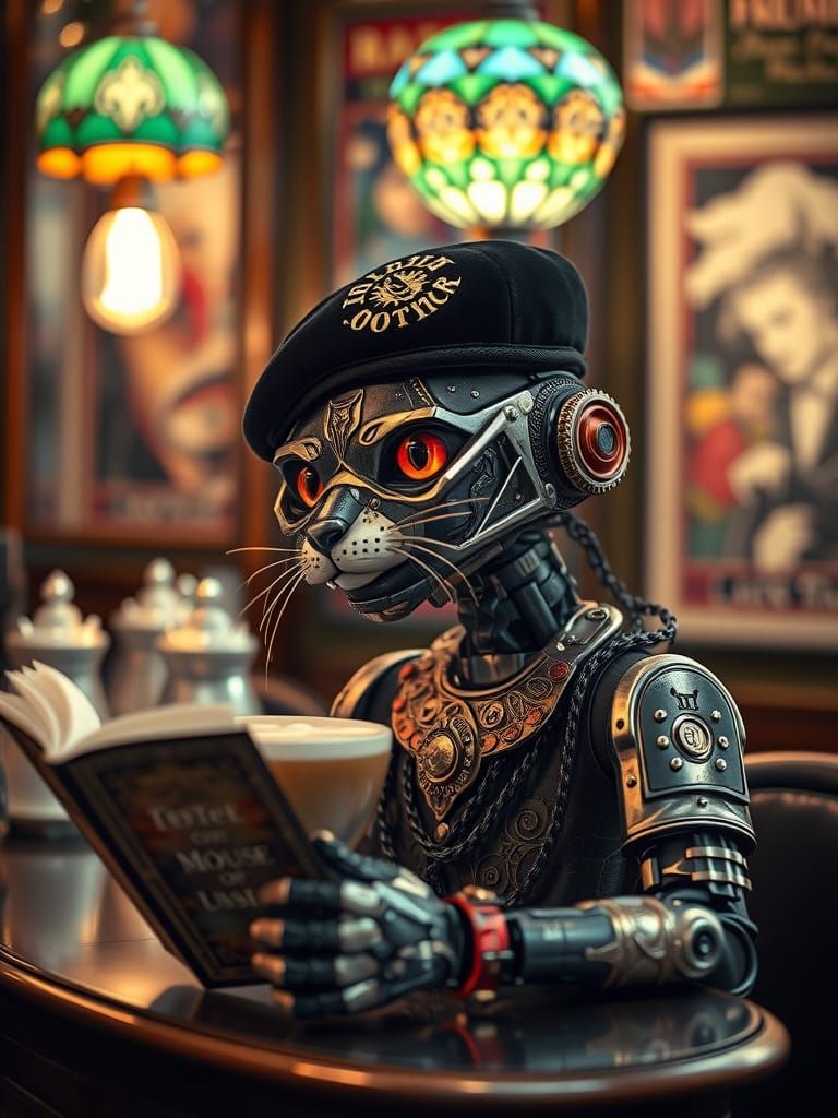 Steampunk Robot Cat in Parisian Café