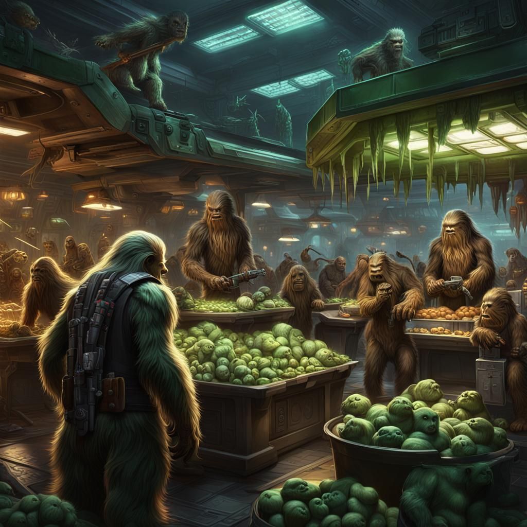 Wookiee Planet Market with Alien Creatures in Dark Fantasy A...
