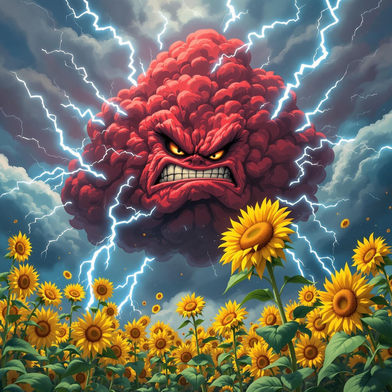 Vibrant Red Cloud Unleashes Lightning Amidst Cartoon Sunflow...
