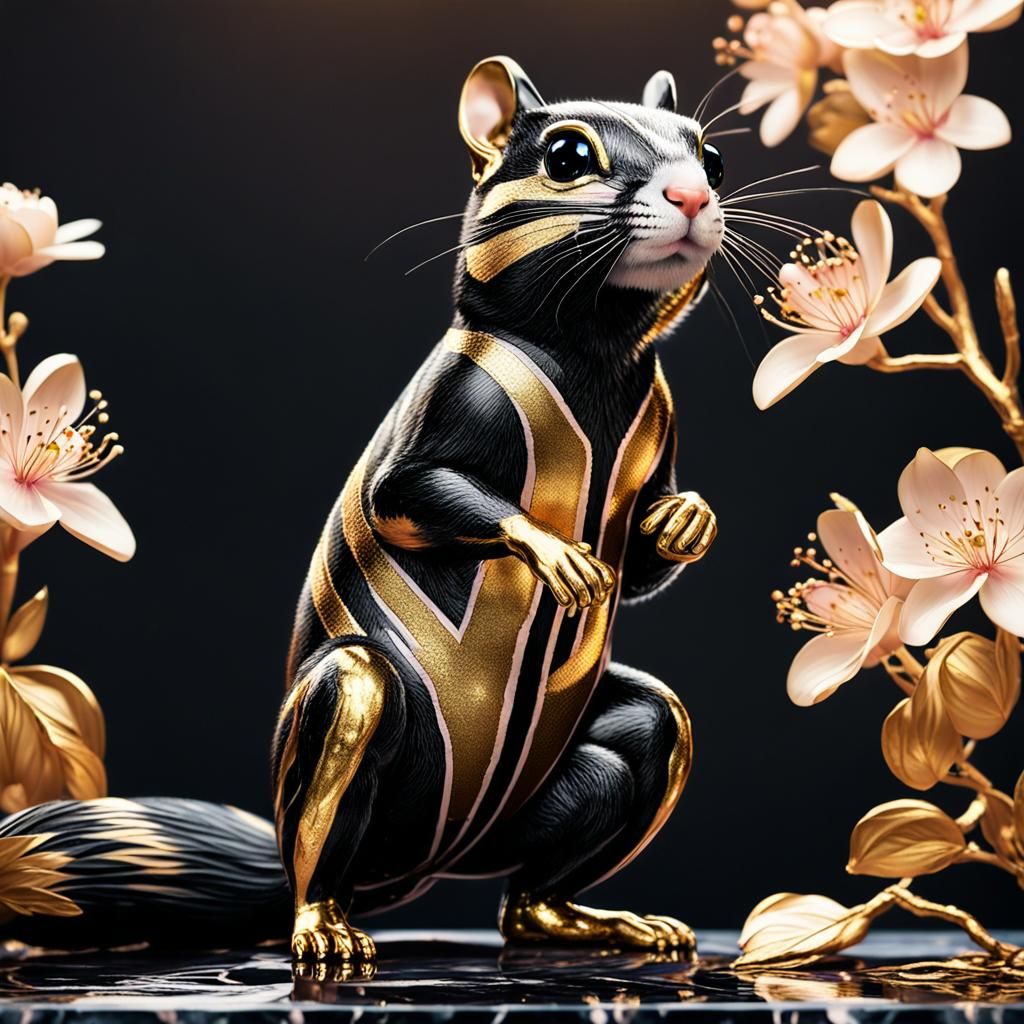 Metallic Chipmunk with Cherry Blossoms, Art Deco Style