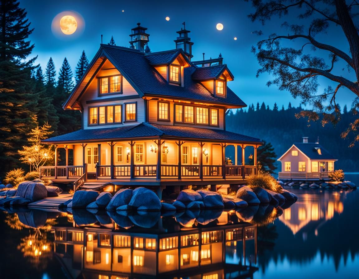 Cozy Lakeside House at Night: Ansel Adams Style